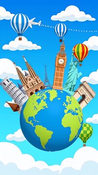 World landmarks and travel icons around earth globe