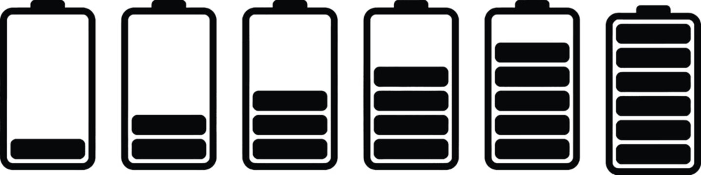 Set of black battery charge level icons showing energy capacity from empty to full status for mobile phone and digital device user interface design