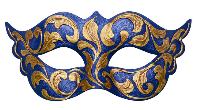 Ornate blue and gold Venetian masquerade mask with intricate scrollwork, isolated on transparent background