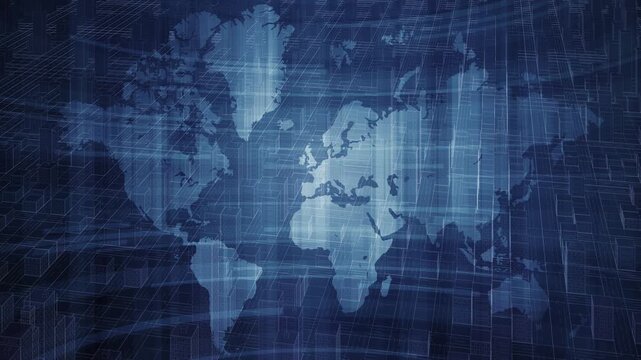 abstract loopable digital world map overlaid on a futuristic abstract city grid, global connectivity, data flow, and technological intelligence