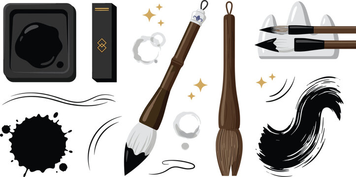 Traditional Chinese Calligraphy Vector Set with Inkstone, Inkstick, Bamboo Brushes, Ceramic Holder, Splash Strokes, and Asian Art Supplies for Cr