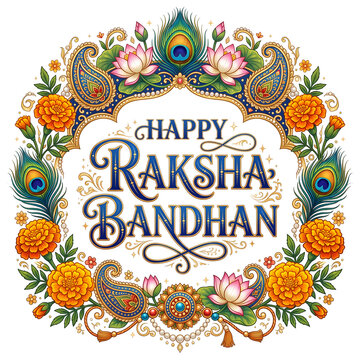 Happy Raksha Bandhan blue lettering with peacock feather and lotus
