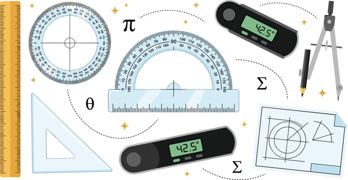 Geometry and Math Tool Vector Set with Protractor, Digital Angle Finder, Compass, Ruler, Blueprint, and Mathematical Symbols for Engineering Designs