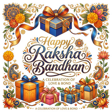 Happy Raksha Bandhan vibrant gifts and rakhis with colorful ribbons