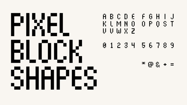 Pixel block style retro text with alphabet and numbers set