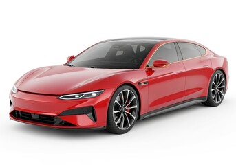 Fototapeta premium Modern Red Electric Sports Sedan Car Isolated on White Background - Sleek High-Performance EV Concept Vehicle