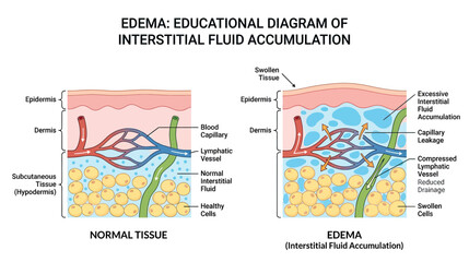 Fototapeta premium Edema Diagram: Interstitial Fluid Accumulation vs Normal Tissue
