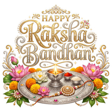 Happy Raksha Bandhan silver pooja thali with lotus and rakhi