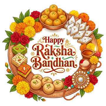 Happy Raksha Bandhan traditional sweets and roses frame on white
