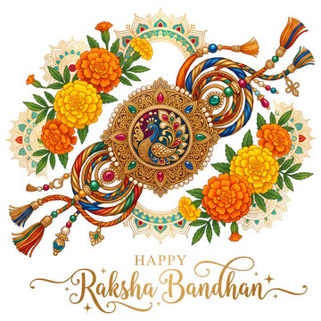 Happy Raksha Bandhan ornate circular frame with gifts and sweets