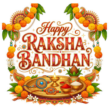 Happy Raksha Bandhan festive banner with traditional threads and marigolds