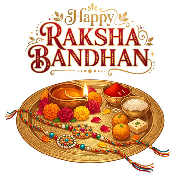 Happy Raksha Bandhan golden plate with diya and sacred thread