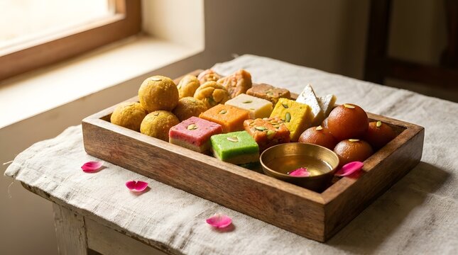 A wooden tray filled with a colorful assortment of Indian sweets and desserts, artfully arranged on a textured surface.