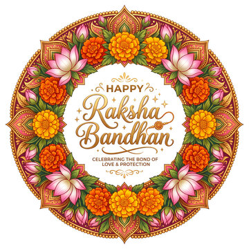 Happy Raksha Bandhan round mandala frame with blooming lotus and marigolds