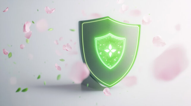 Security and protection concept with a green shield and falling petals