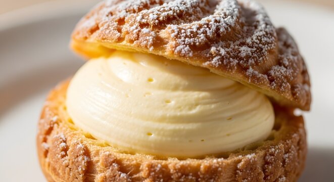 Golden Cream Puff with Swirled Custard Filling
Perfectly Baked Choux Pastry Dusted with Sugar
Classic French Cream Puff in Close-Up