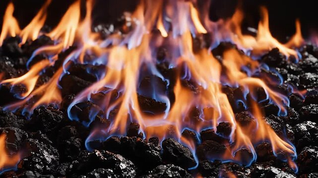 Intense Orange and Blue Flames Burning Hot Charcoal and Coal in Dark Background, Glowing Fire Embers for BBQ Grill or Industrial Furnace, Heat Energy and Combustion Concept with Copy Space