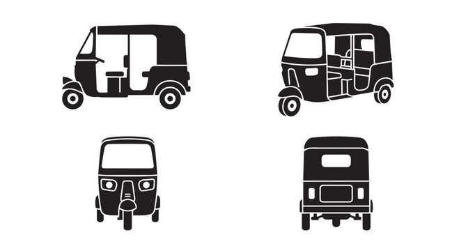 Set of auto rickshaw icons showing different angles of traditional three-wheeled taxi vehicles with tuk