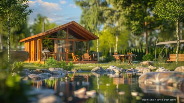 Wooden cabin stands peacefully within a lush green forest clearing featuring a reflective pond in the foreground and natural sunlight filtering through the trees to create a serene environment.