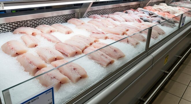Filleted white fish packed on ice in a supermarket chilled case