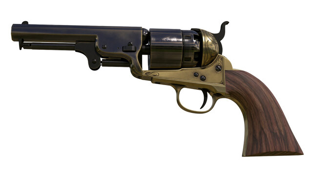 Antique brass and dark wood revolver, isolated on transparent background