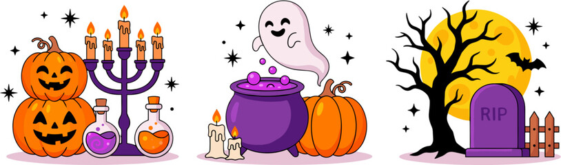 Fototapeta premium Halloween cartoon illustration set with pumpkins ghost cauldron and graveyard elements.