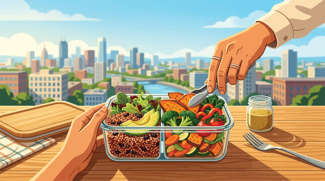 Healthy Meal Prep Lunchbox with Fresh Vegetables and Protein in Urban Cityscape Background, Balanced Diet Concept
