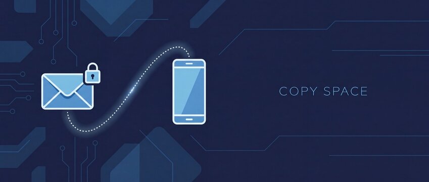 Smartphone with email icon and lock on dark blue circuit board background with copy space for cybersecurity