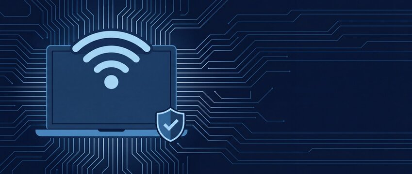 Secure laptop with WiFi symbol and shield on circuit board background in blue neon lighting for cybersecurity