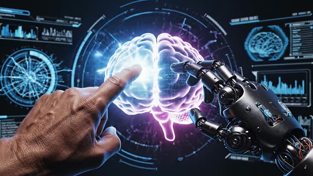 Human and robot hands touching digital brain interface.