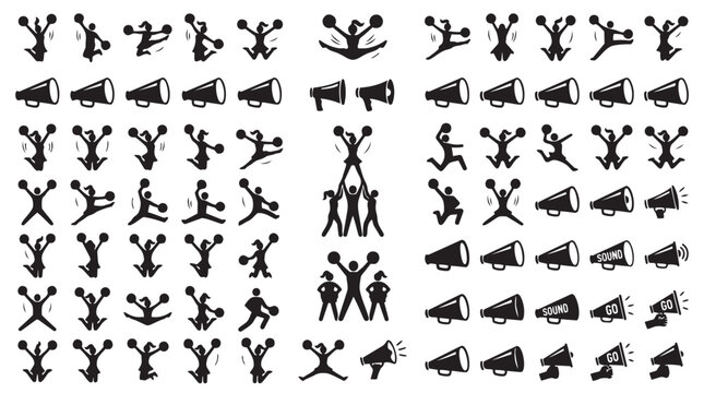 Cheerleader silhouette icons and megaphone graphics set for sports and team spirit events with cheerleader