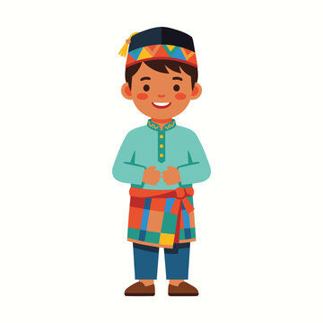 Happy Malay boy in traditional attire.