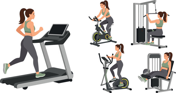 Woman Using Gym Machines Vector Set with Treadmill, Spin Bike, Elliptical, Lat Pulldown, and Leg Press Illustrations