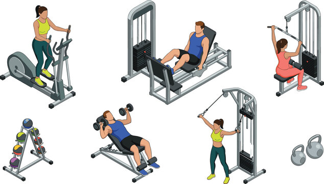 People Using Gym Machines Vector Set with Elliptical, Leg Press, Lat Pulldown, Shoulder Press, and Dumbbell Rack Illustrations