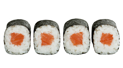 Four fresh salmon sushi rolls with nori seaweed and white rice, isolated on transparent background © Andrej