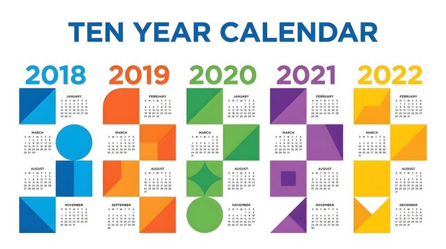 A colorful ten-year calendar from 2018 to 2022, featuring abstract geometric shapes and monthly grids.
