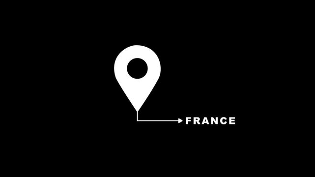 Abstract location of the city of France on black screen. The name of the place with the location icon animation. Country GPS location tracking icon. location pin appearing.