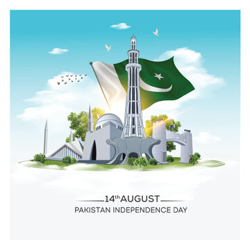 Happy Independence Day and Pakistan Different Cities Monuments in Background.14 August - Independence day of Pakistan. Translated: Jashan Azadi Mubarak