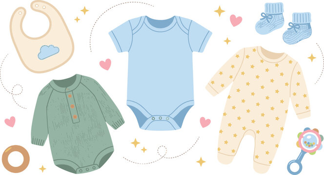 Baby Boy Clothes and Accessories Vector Set with Blue Bodysuit, Star Pattern Romper, Knitted Onesie, Bib, Booties, and Rattle Toy for Nursery Shower Graphics