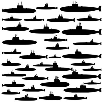 Collection of 24 black silhouette submarines arranged in a 6x4 grid on a white background, showcasing various designs and sizes. The submarines are depicted in a minimalist, vector illustration sty...