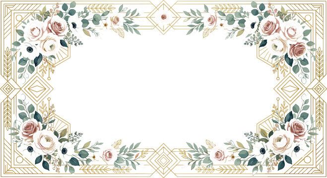 Gold Art Deco rectangle frame with blush watercolor roses and eucalyptus for wedding stationery design