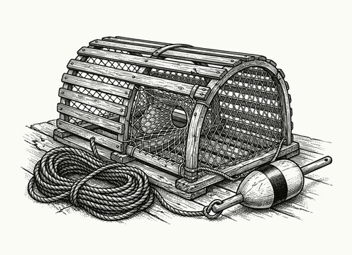 Vintage fish trap basket with rope and float, retro engraving illustration, traditional fishing equipment