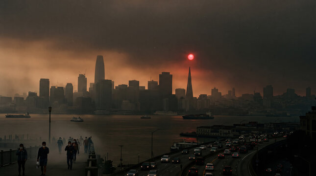 Wildfire smoke obscures San Francisco skyline, creating an ominous red sun