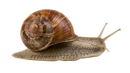 Brown spiral shell snail with textured body, isolated on transparent background © Andrej