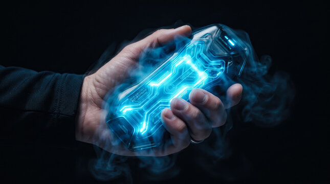 Hand holding a futuristic glowing blue ice pack with smoke on black background