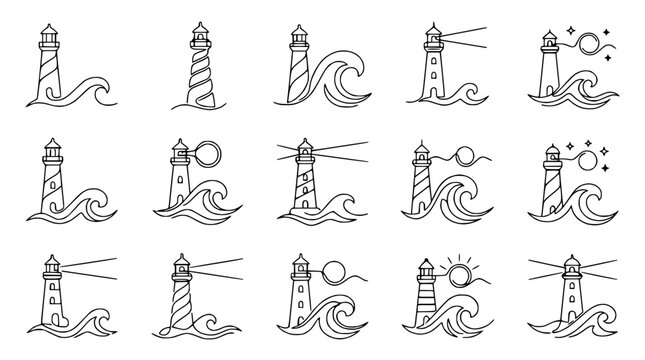 Lighthouse wave icon set, hand drawn sketch nautical symbols, simple line art maritime emblems