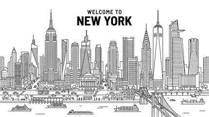 Fototapeta premium Welcome to New York City Skyline Illustration - Iconic Landmarks