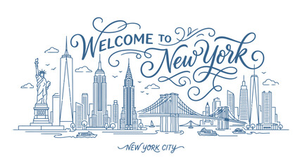 Fototapeta premium Welcome to New York City Skyline Line Art Illustration