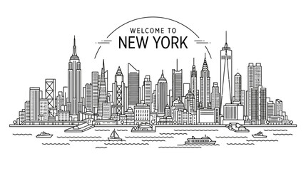 Fototapeta premium Welcome to New York City Skyline Line Art Illustration