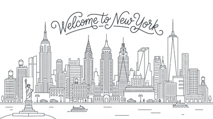 Fototapeta premium New York City Skyline with Statue of Liberty - Hand Drawn Illustration